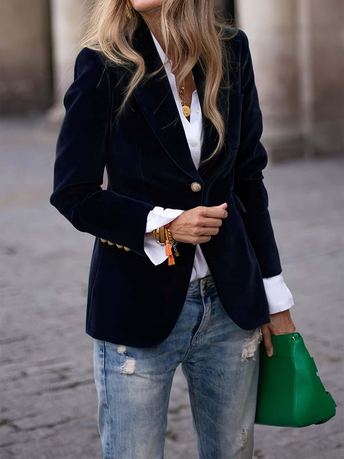 Green Blazer with Golden Buttons