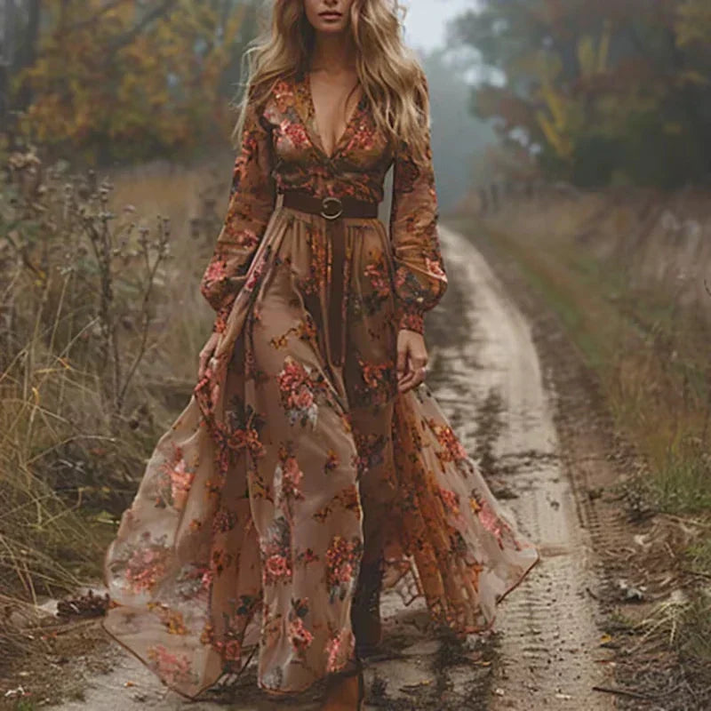 Boho Long Sleeve Floral Maxi Dress - Tiered Skirt