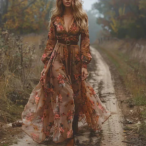 Boho Long Sleeve Floral Maxi Dress - Tiered Skirt