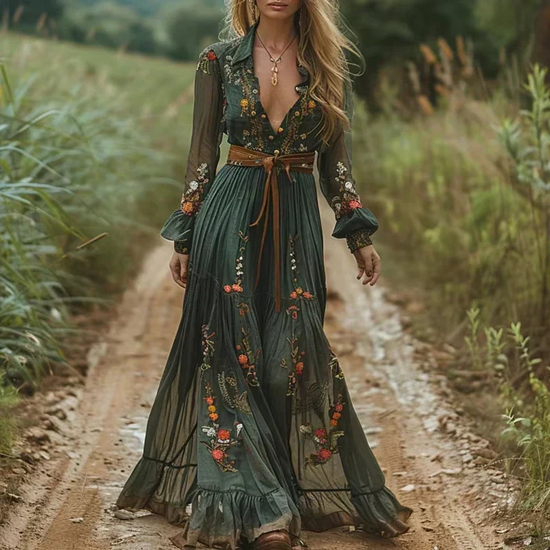 Boho Long Sleeve Floral Maxi Dress - Tiered Skirt